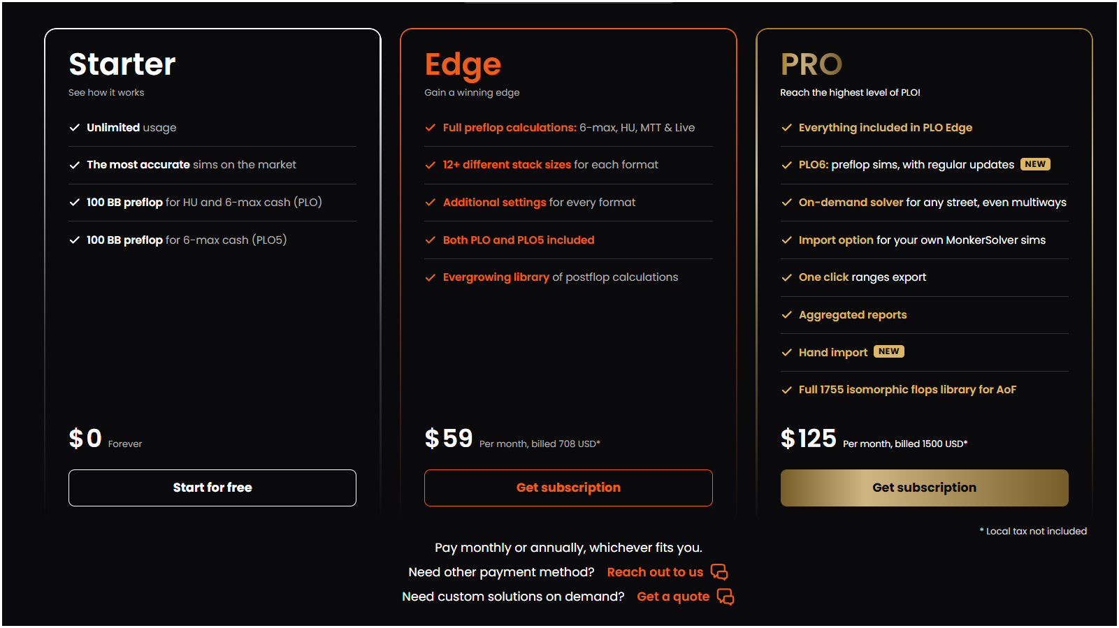 PLO Genius Starter Edge and Pro pricing plans