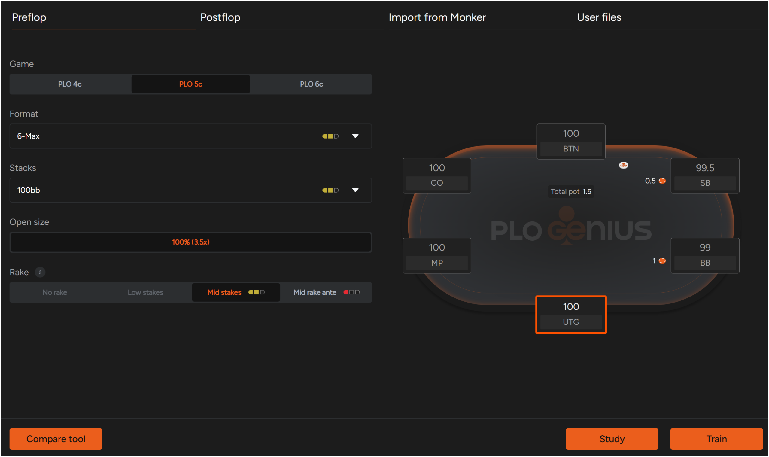 PLO Genius dashboard for PLO4, PLO5 and PLO6 solver study