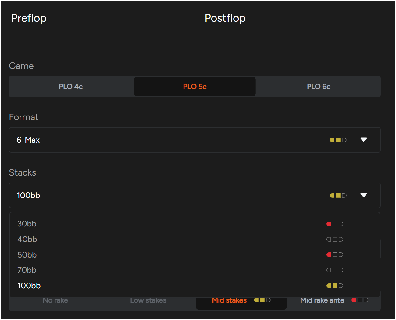 PLO Genius preflop solver range and action frequencies