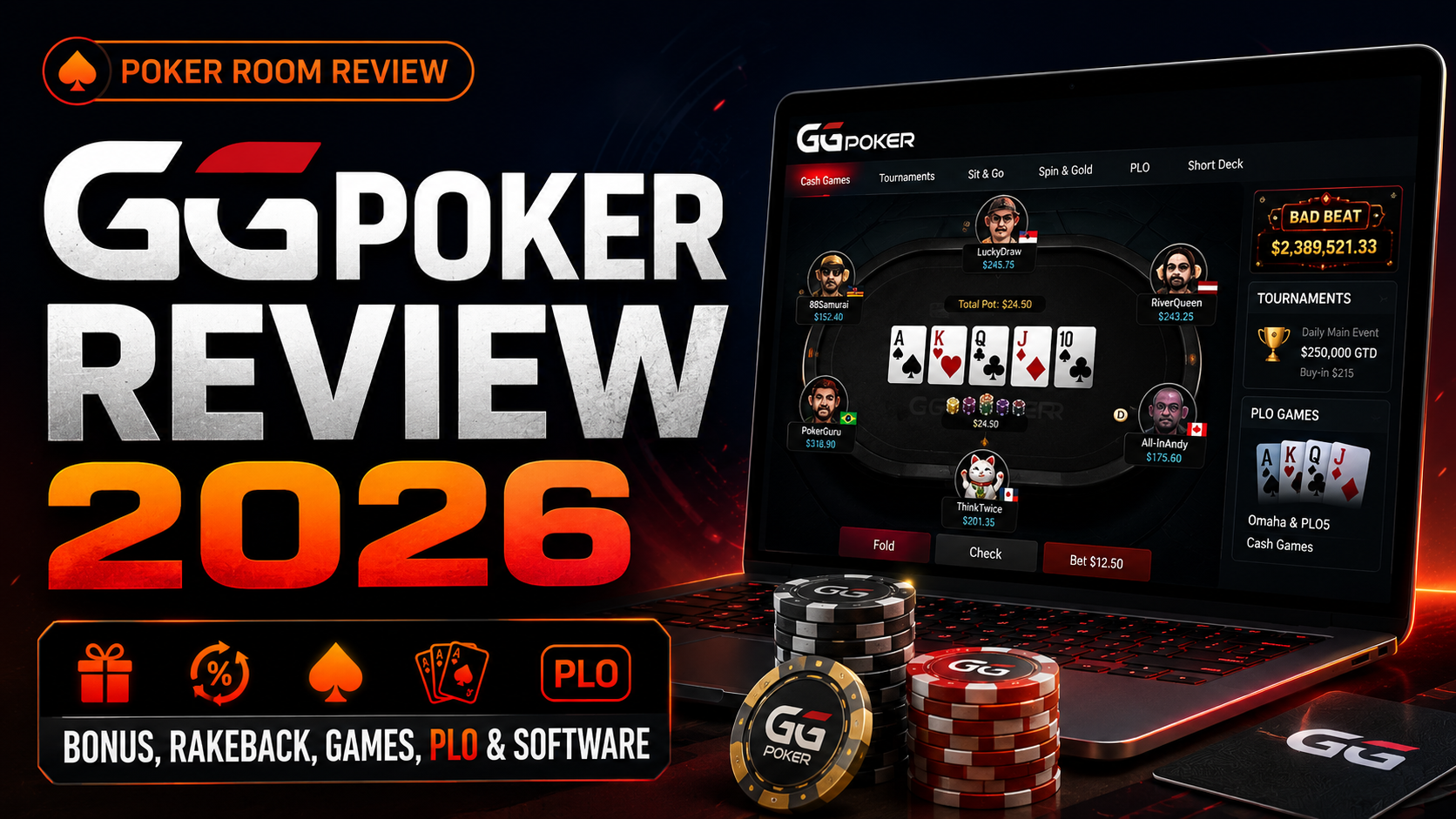 GG Poker review graphic showing bonus, rakeback, poker games, PLO, and software features in 2026