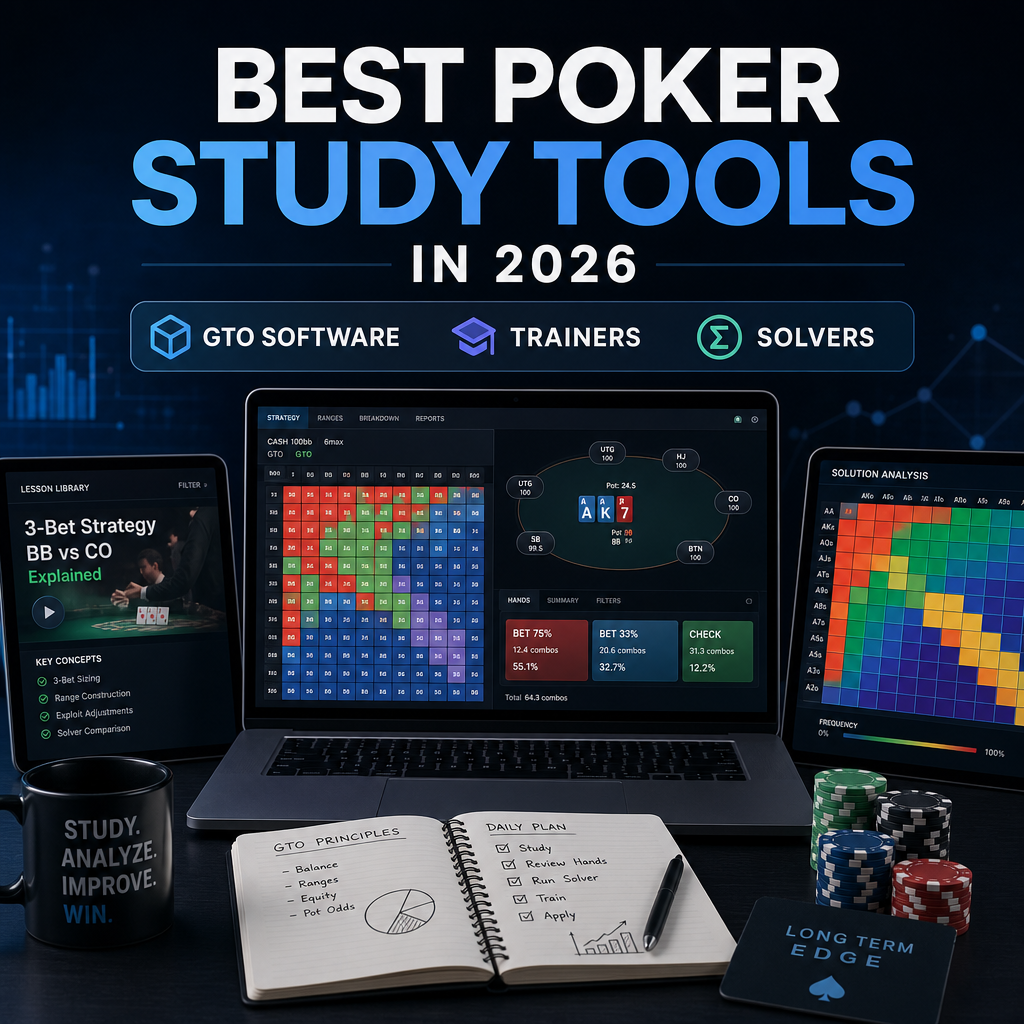 Infographic of the best poker study tools for 2026, including GTO software, trainers, and solvers.