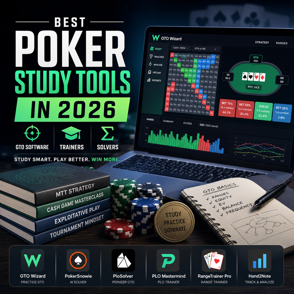 Graphic listing poker study tools: GTO software, trainers, and solvers for improving strategy in 2026.