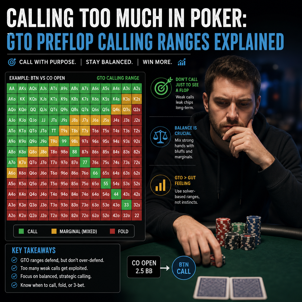 Poker GTO preflop calling ranges chart with key takeaways for optimal play