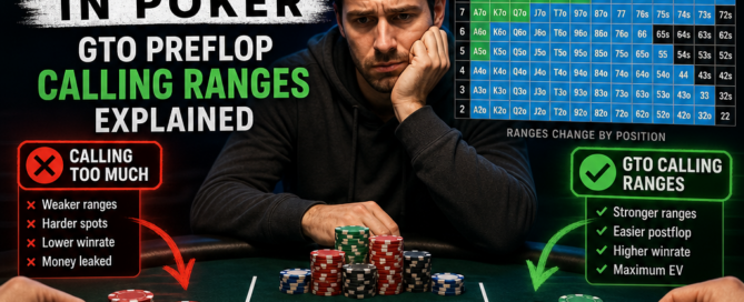 Poker strategy infographic showing GTO preflop calling ranges and when calling too much becomes a mistake