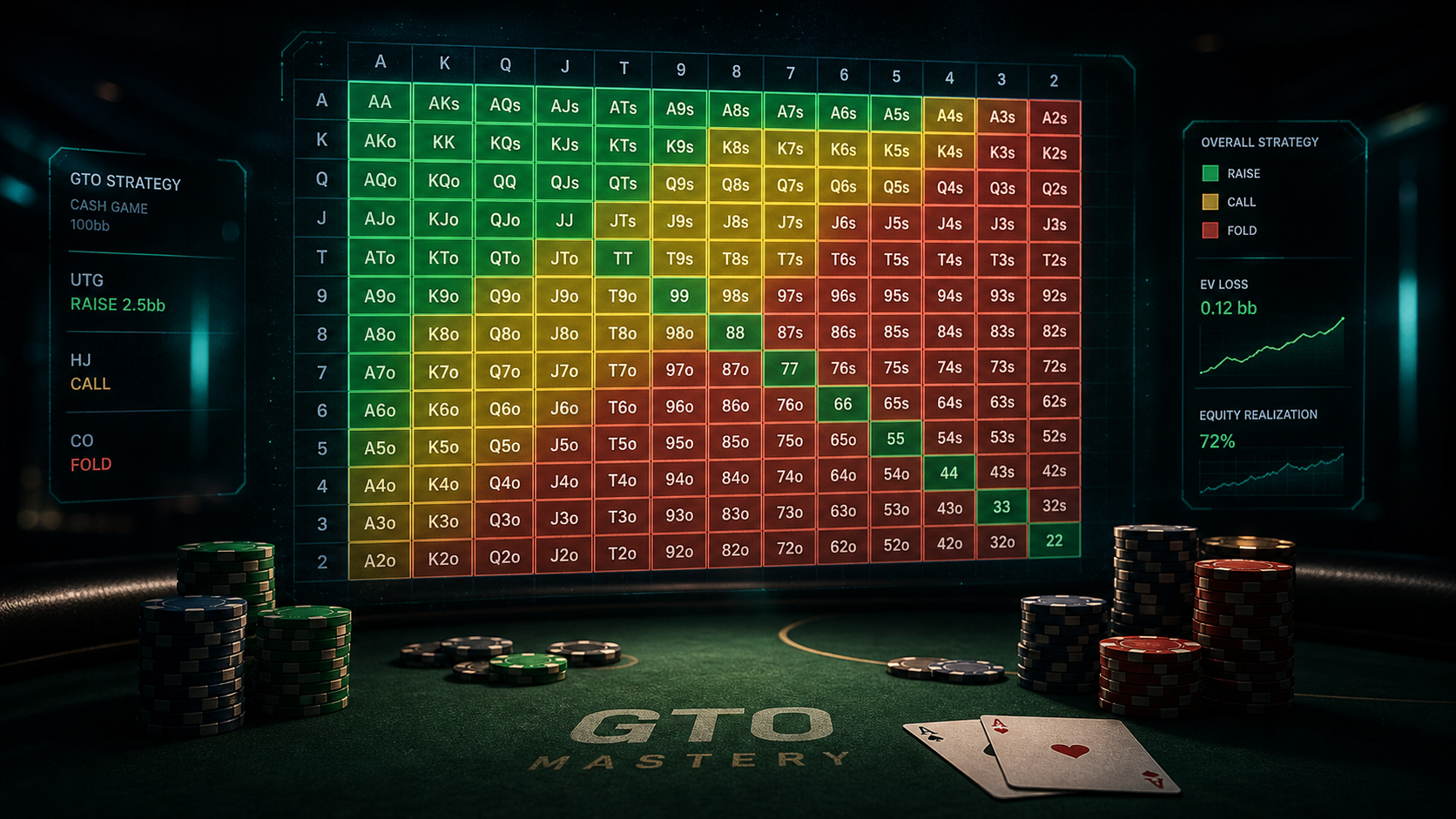 GTO Strategy matrix showing raise, call and fold ranges across all hand combinations on a poker table