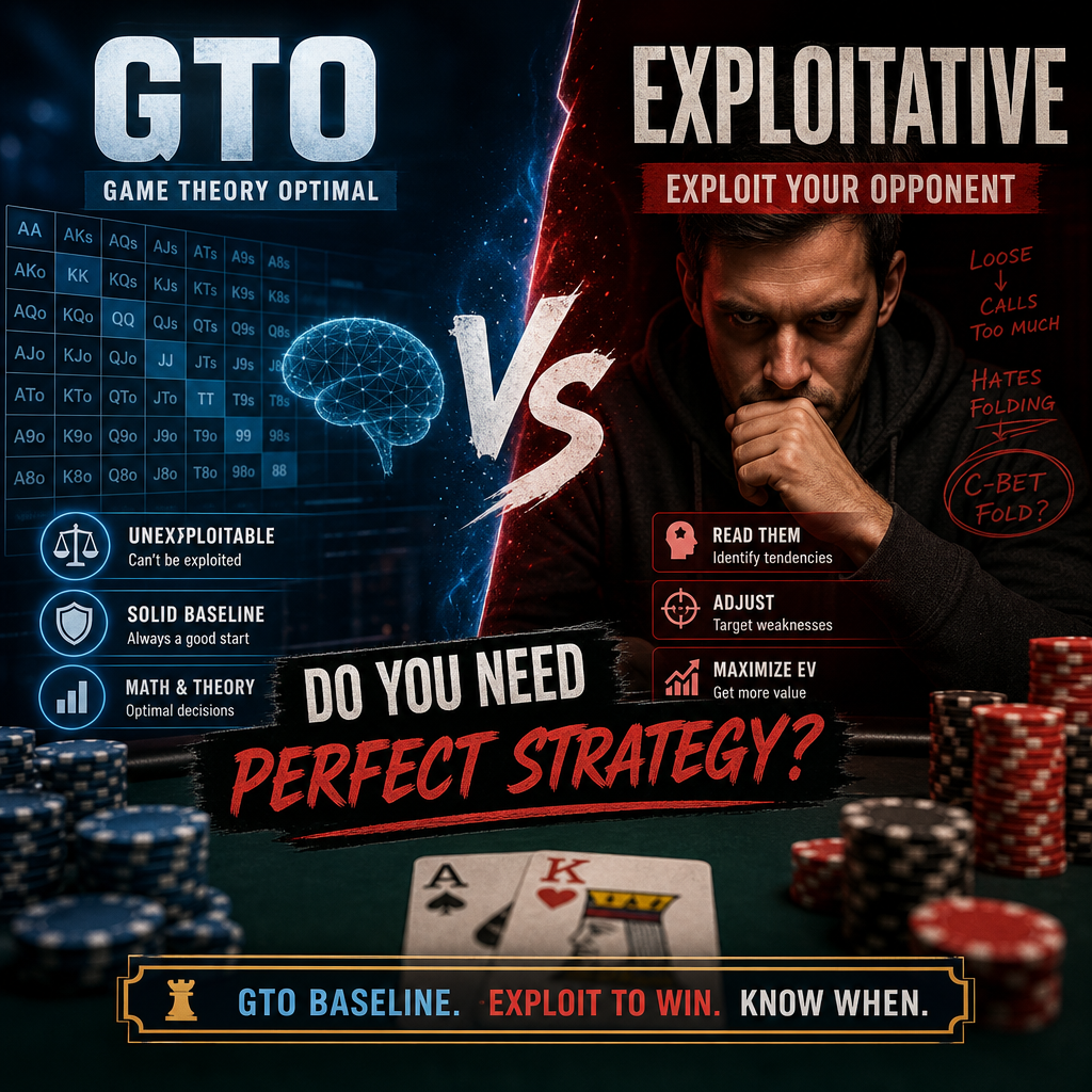 Comparison of GTO and exploitative poker strategies, showing how each can help win hands