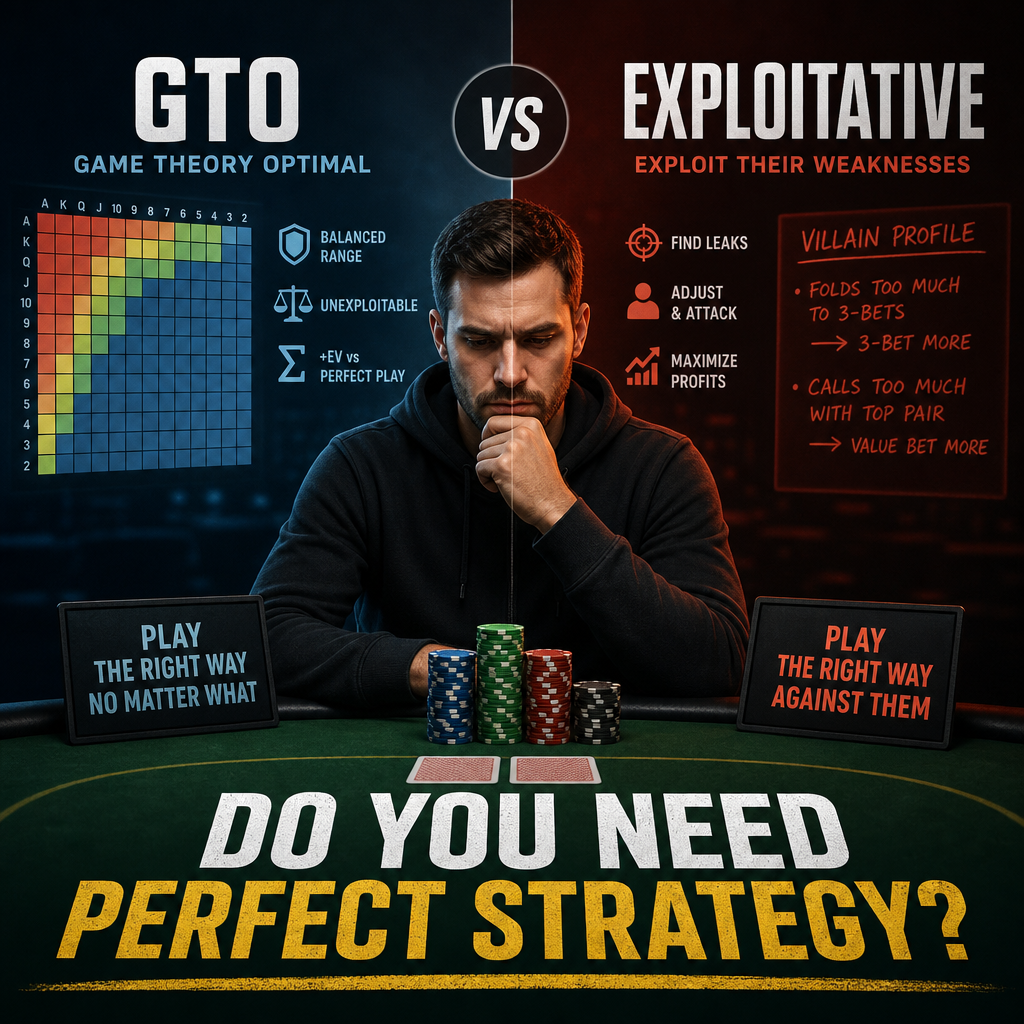 Chart comparing GTO and exploitative poker strategies, with balanced play on one side and opponent-focused adjustments on the