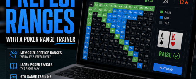 Poker range trainer with a preflop memorization guide and study routine checklist