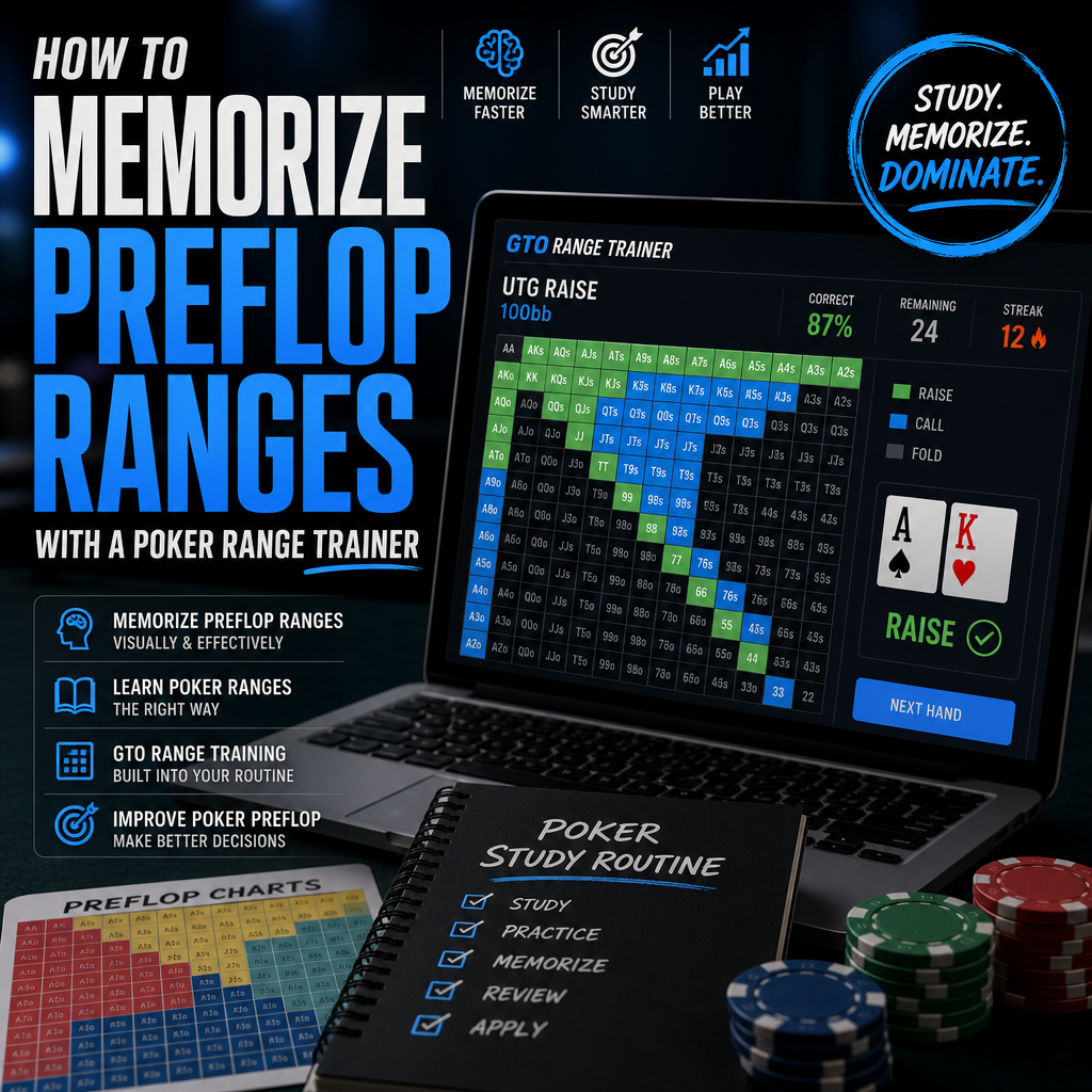 Poker range trainer with a preflop memorization guide and study routine checklist
