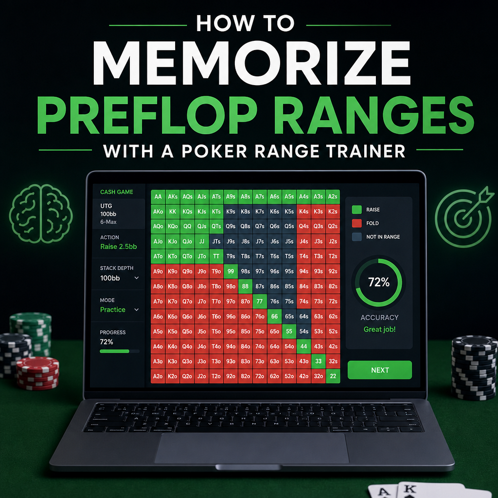 Poker range trainer showing preflop hand ranges for memorization practice