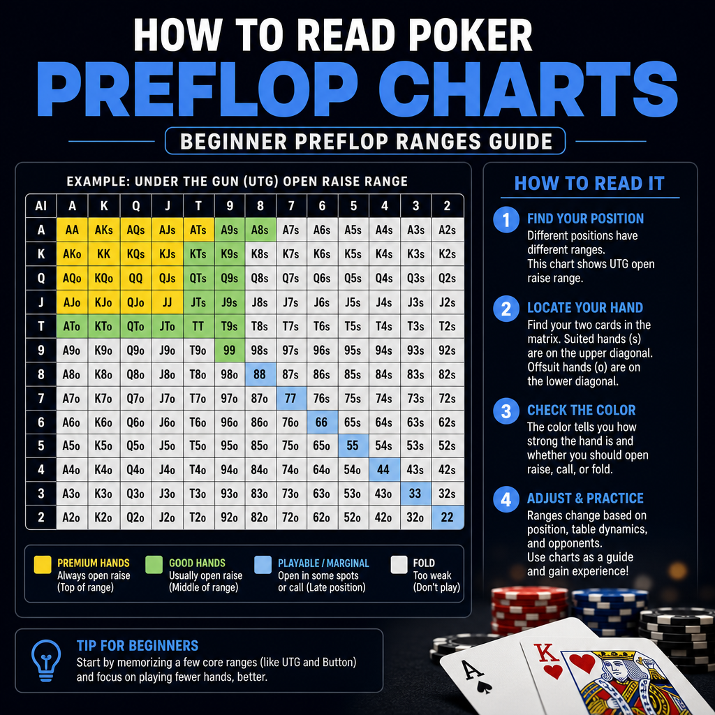 Poker preflop chart guide for beginners showing hand ranges and how to read them
