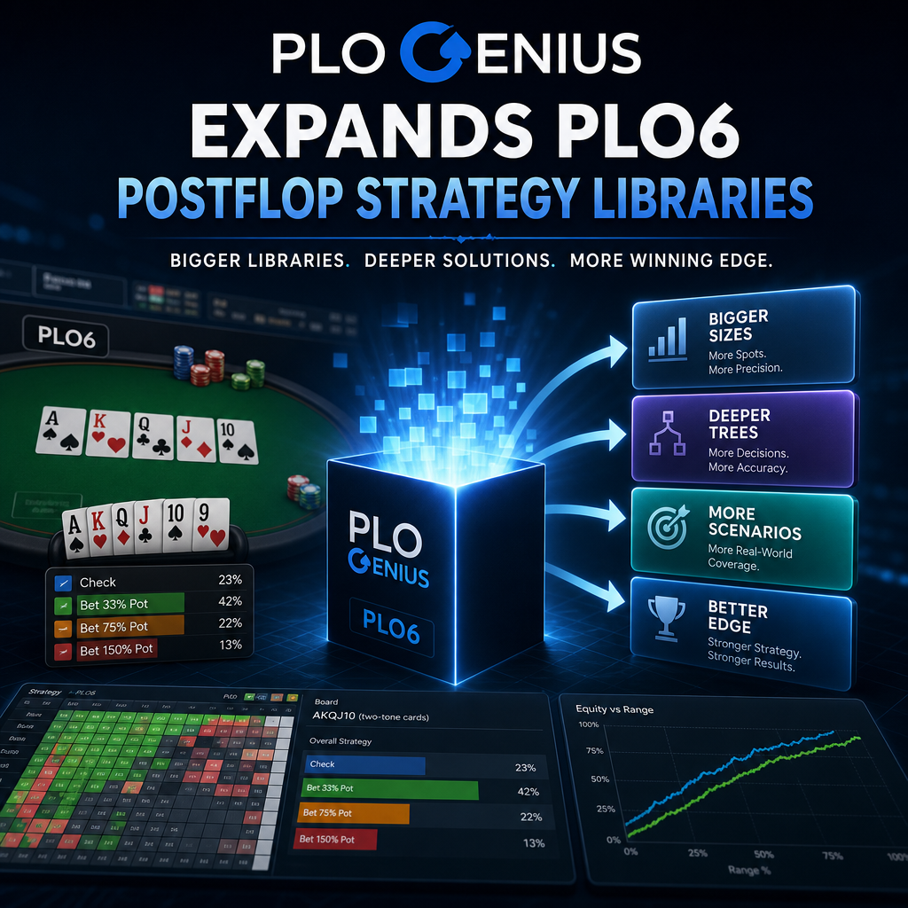 PLO Genius interface showing expanded PLO6 postflop strategy libraries with deeper trees and more scenarios