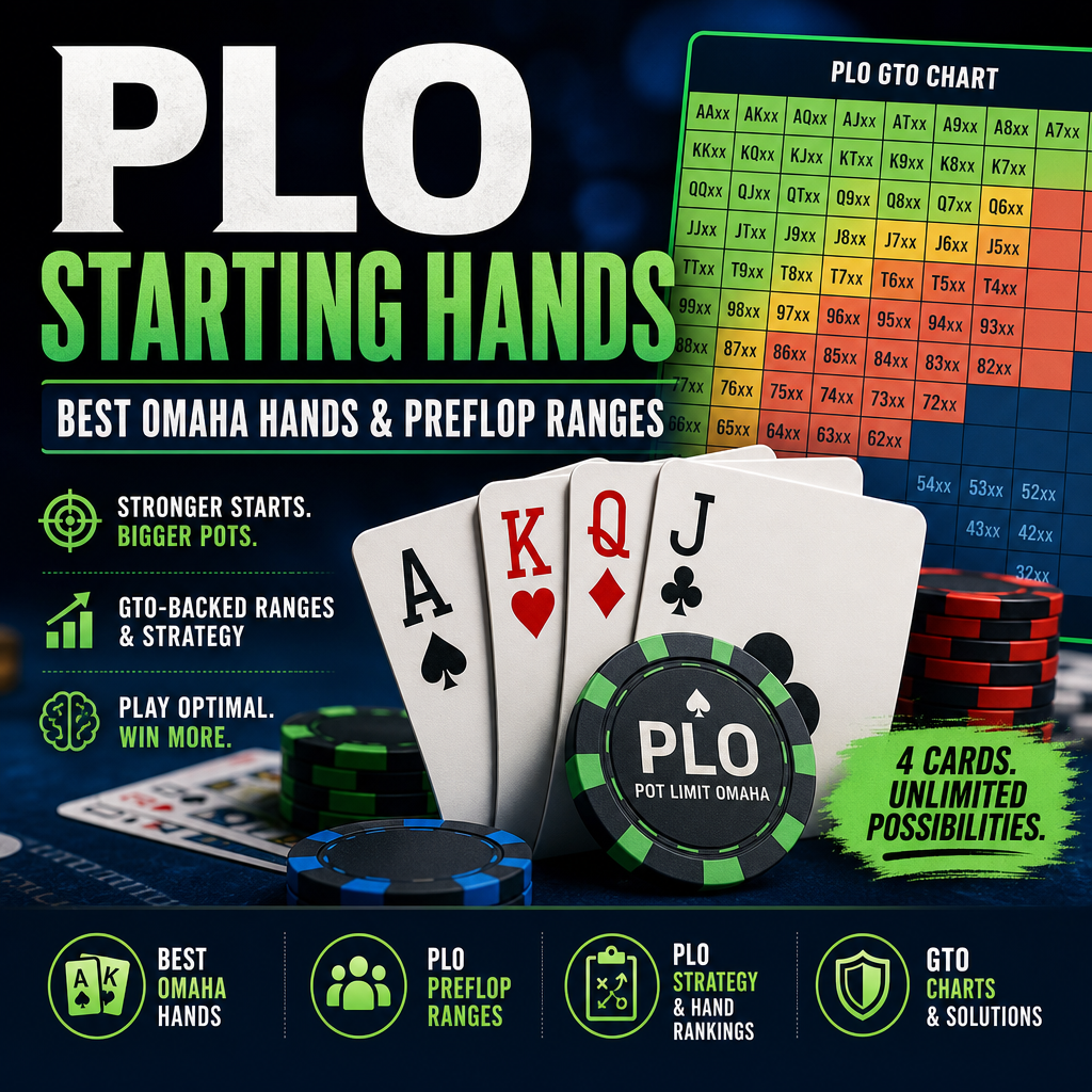 PLO starting hands chart showing best Omaha hands, preflop ranges, GTO strategy, and hand rankings
