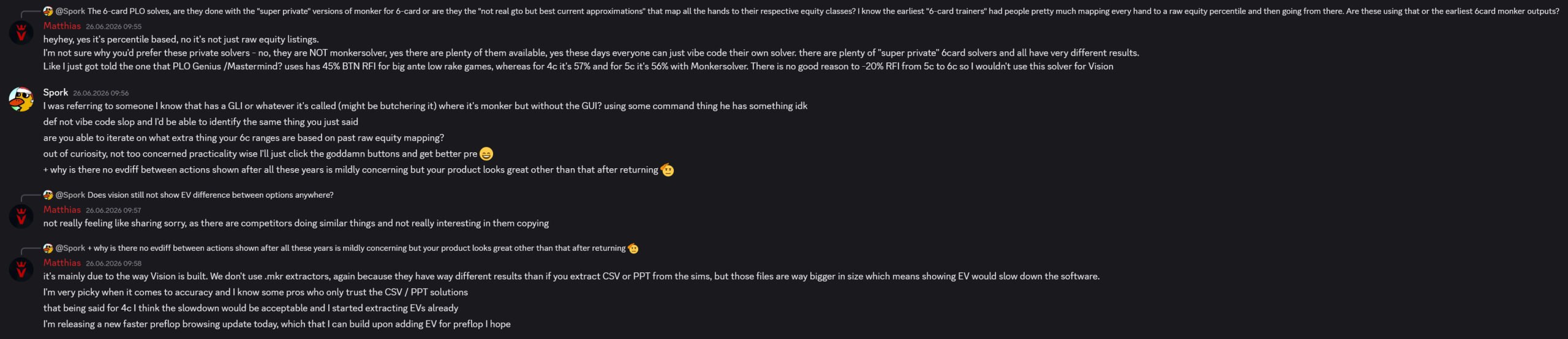Vision Discord discussion explaining that its 6-card PLO ranges are percentile based and not MonkerSolver outputs
